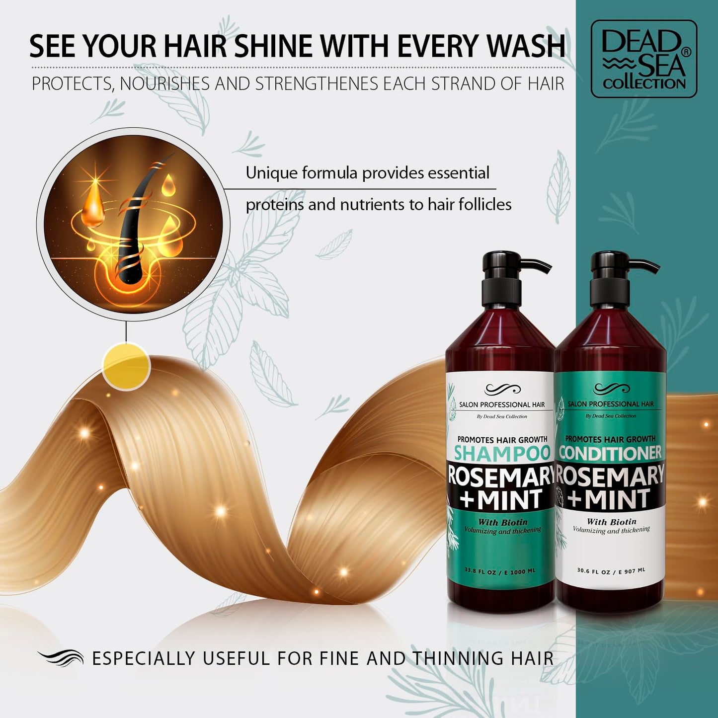 Dead Sea Collection Rosemary & Mint Shampoo & Conditioner Set – Strength, Volume & Shine (2-Pack, 33.8 & 30.6 oz)