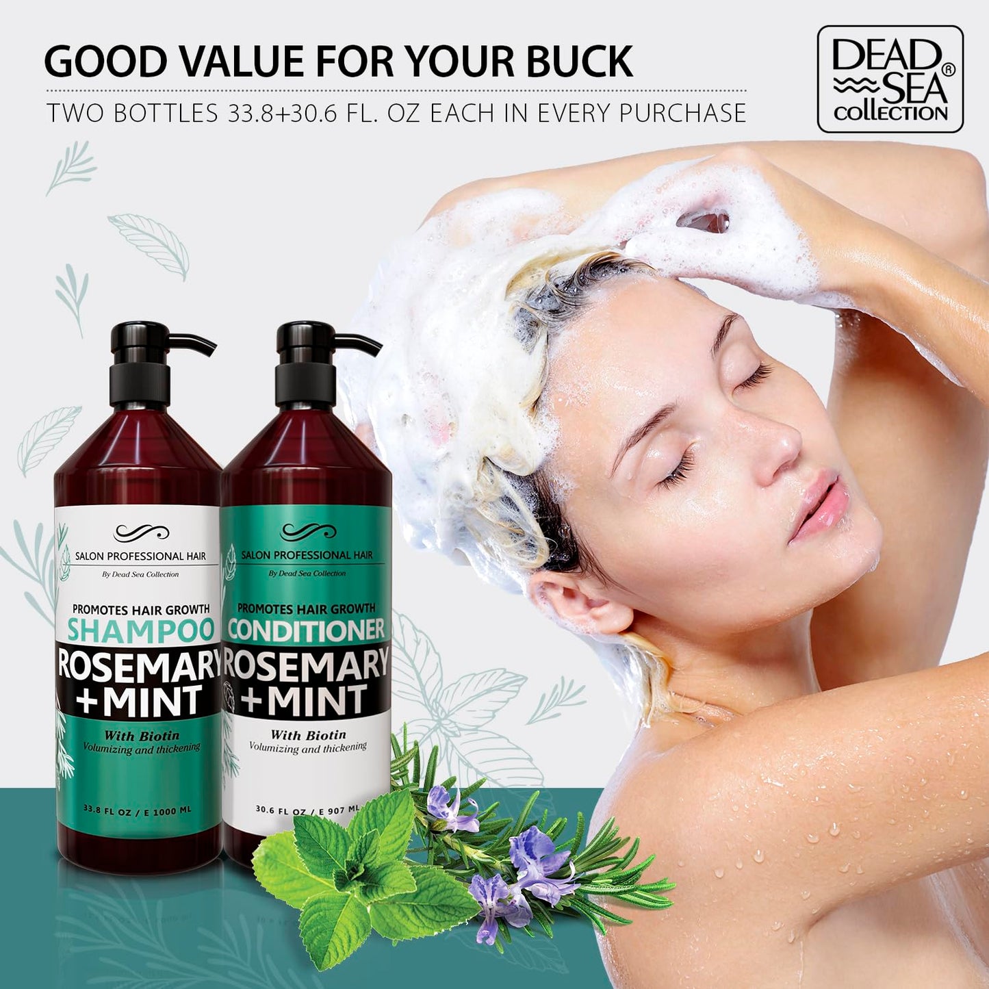 Dead Sea Collection Rosemary & Mint Shampoo & Conditioner Set – Strength, Volume & Shine (2-Pack, 33.8 & 30.6 oz)
