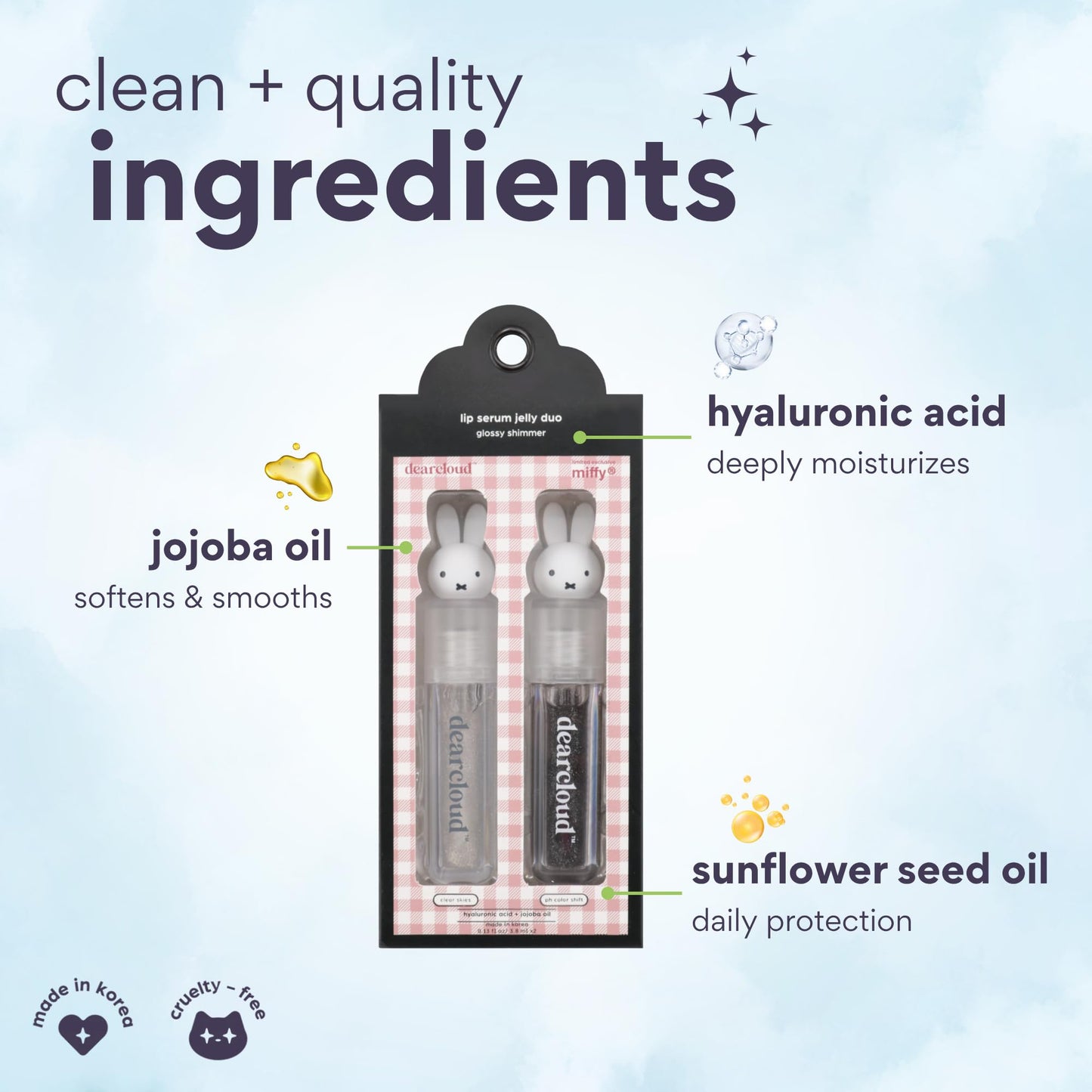 dearcloud Miffy Lip Serum Jelly Duo — Hydrating Lip Serum & pH Color Changing Gloss Set