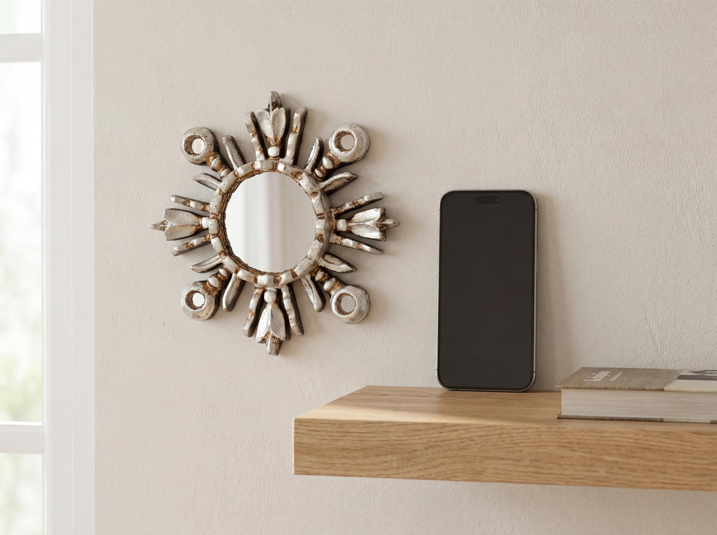 DecorContreras Sunburst Mirror 6in – Peruvian Hand-Carved Wood with Silver Leaf