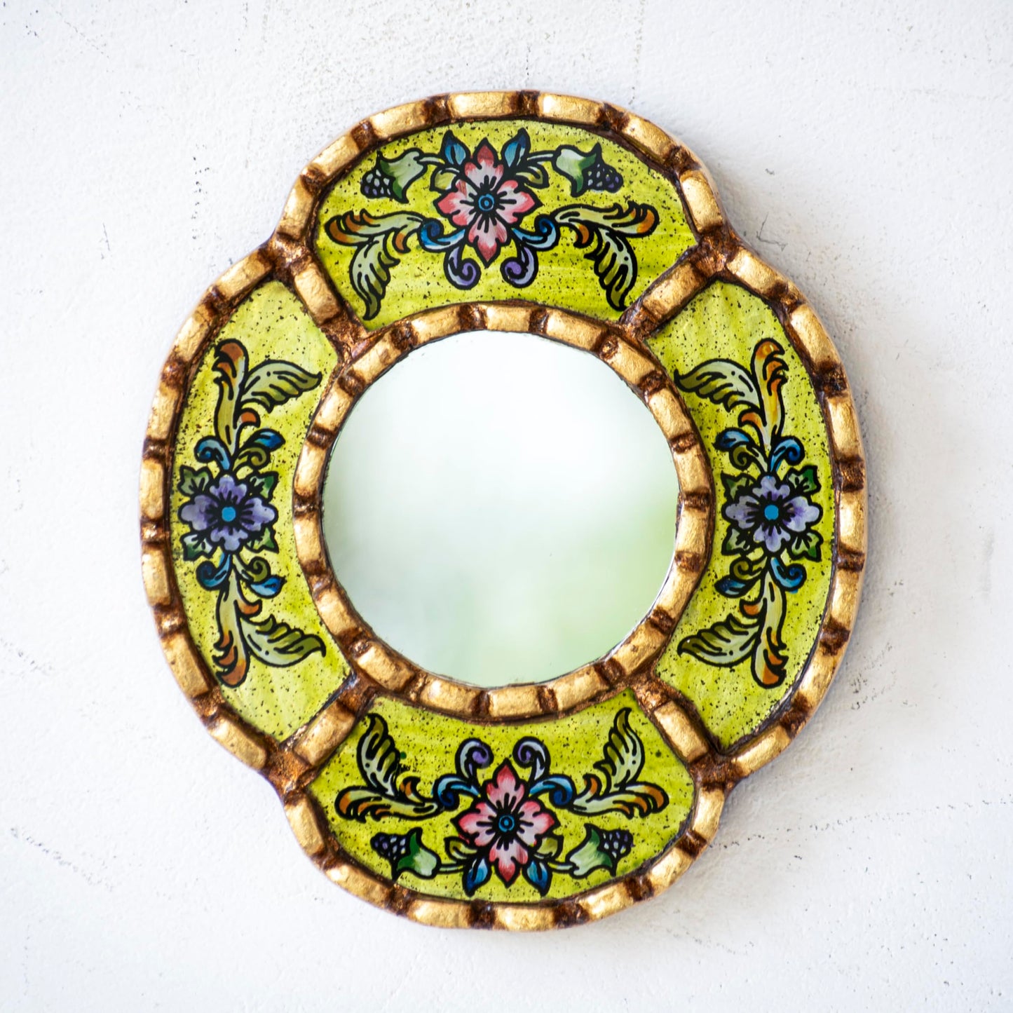 DecorContreras Small Oval Mirror — Handcrafted Reverse Painted Glass with Bronze Leaf Frame from Peru