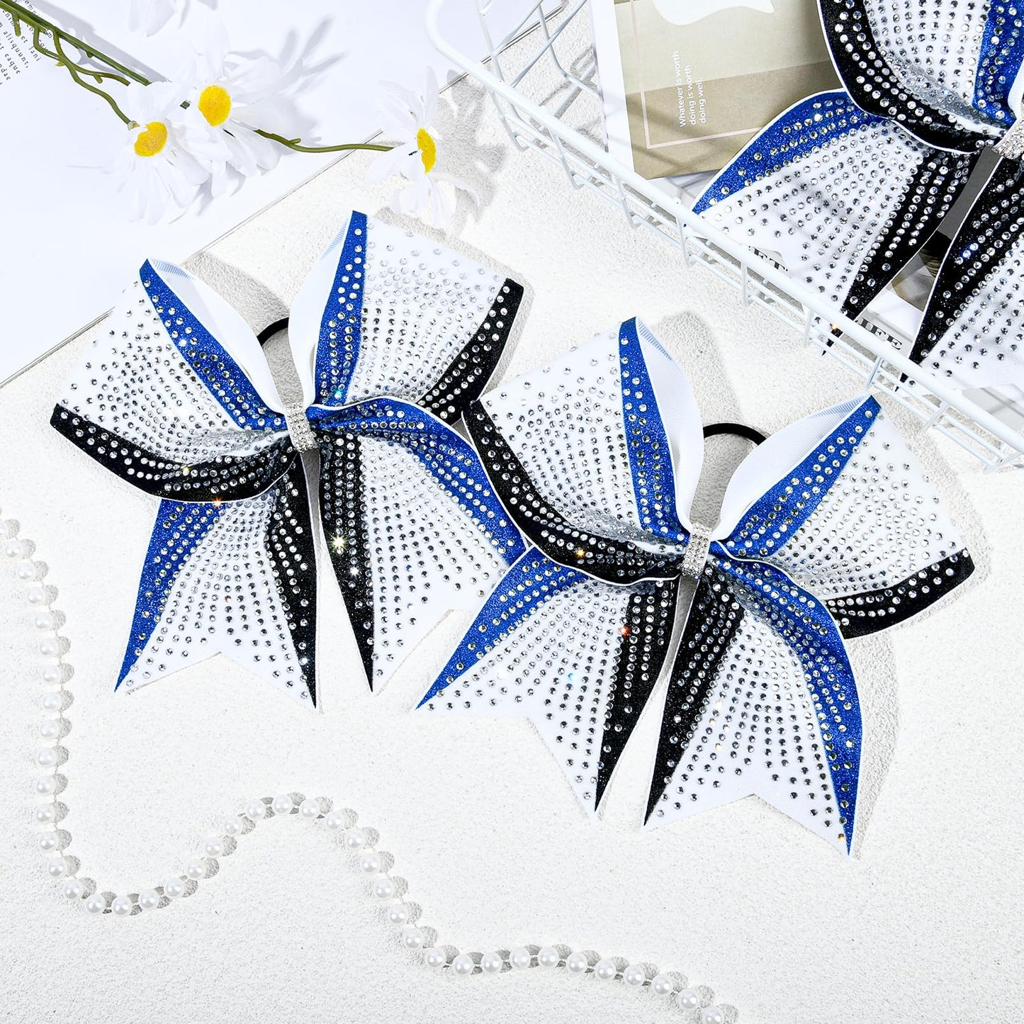 DEEKA 6-Pack 8-Inch Glitter Bows (Royal Blue/Black/White) with Rhinestones | Elastic Hair Ties