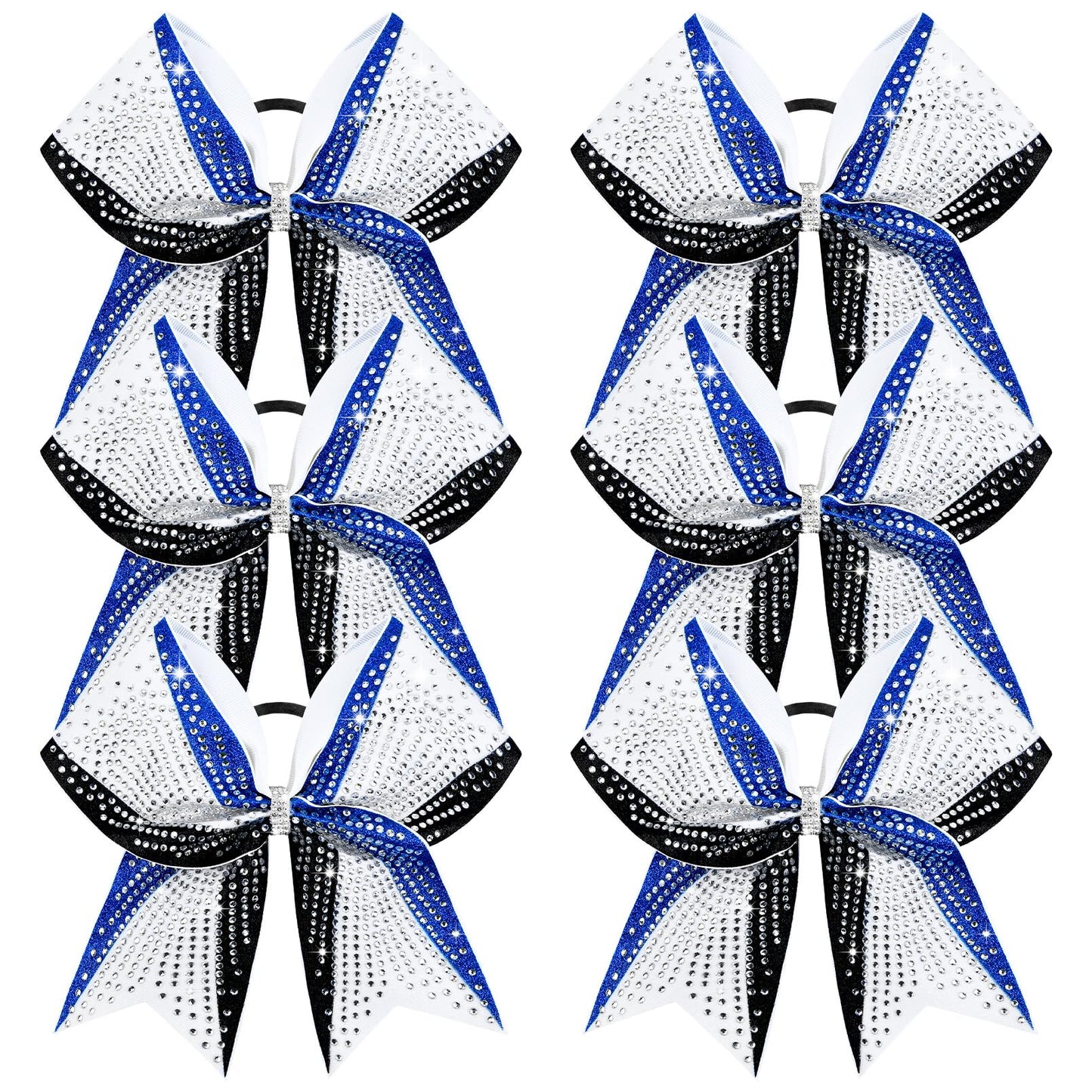 DEEKA 6-Pack 8-Inch Glitter Bows (Royal Blue/Black/White) with Rhinestones | Elastic Hair Ties