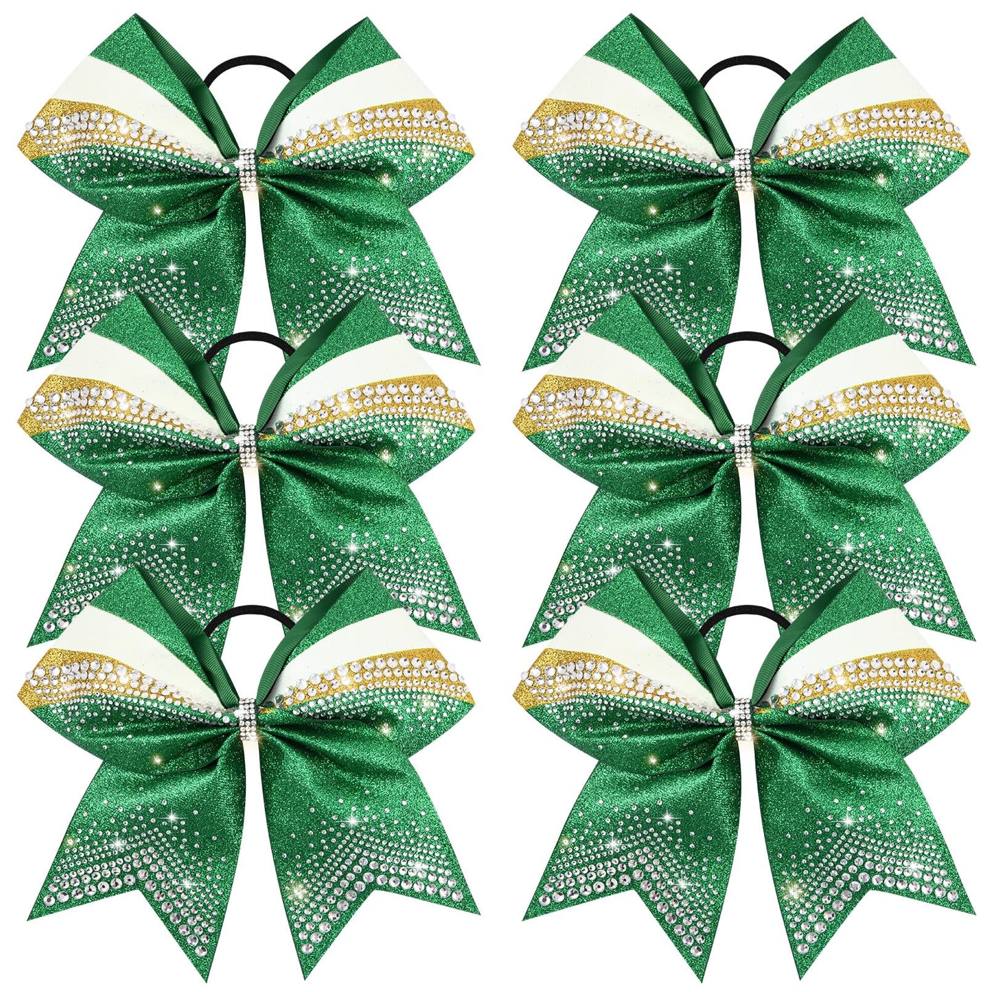DEEKA 6-Pack 7-Inch Glitter Cheer Bows with Rhinestones — Green, Gold & White