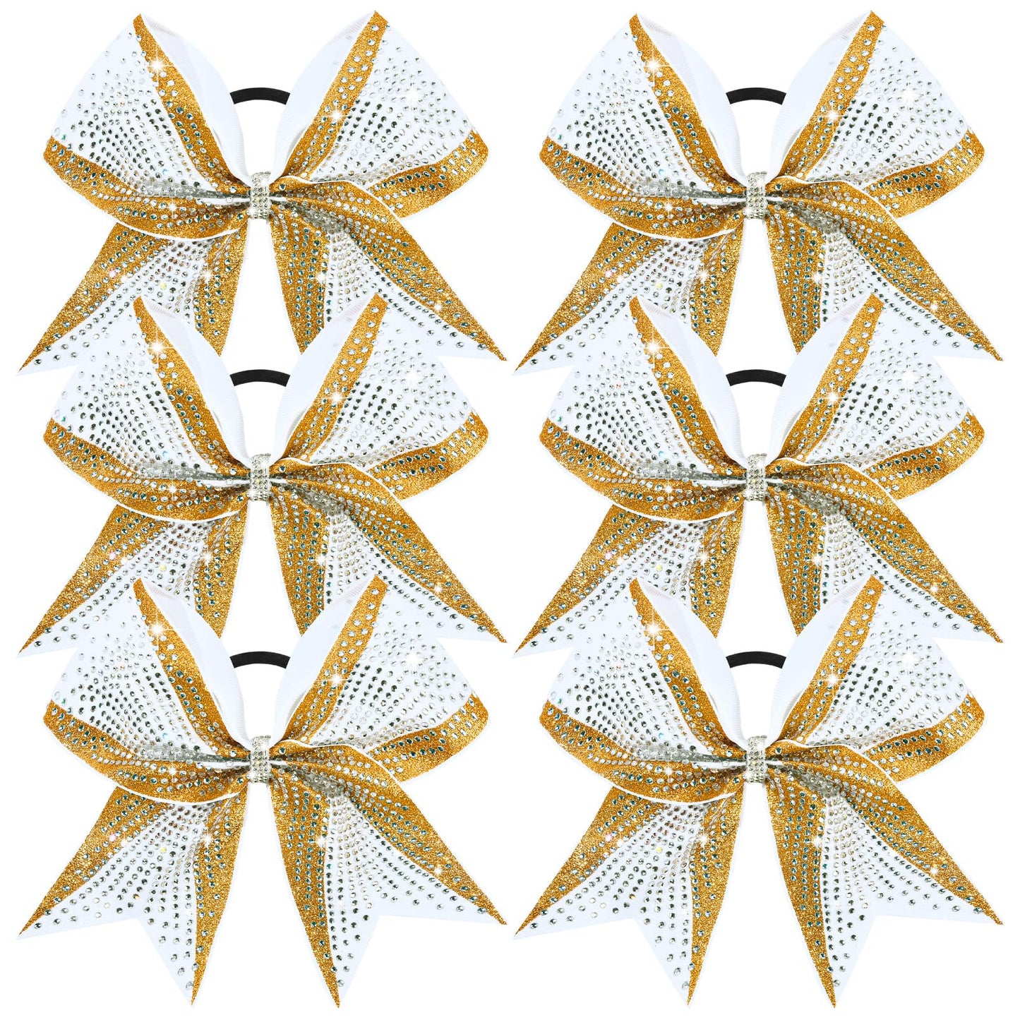 DEEKA 6-Pack 8-Inch Glitter Gold & White Cheer Bows with Rhinestones | Elastic Band Hair Accessories for Teams