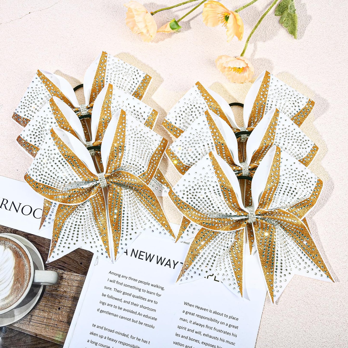 DEEKA 6-Pack 8-Inch Glitter Gold & White Cheer Bows with Rhinestones | Elastic Band Hair Accessories for Teams