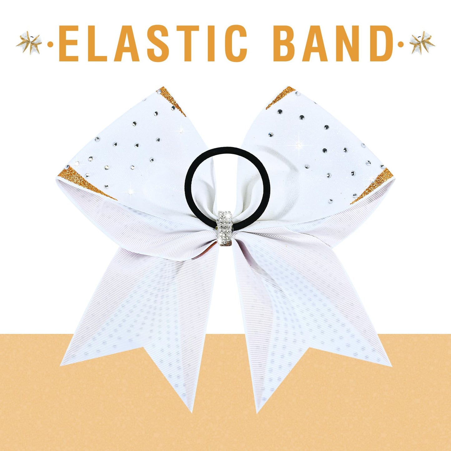 DEEKA 6-Pack 8-Inch Glitter Gold & White Cheer Bows with Rhinestones | Elastic Band Hair Accessories for Teams