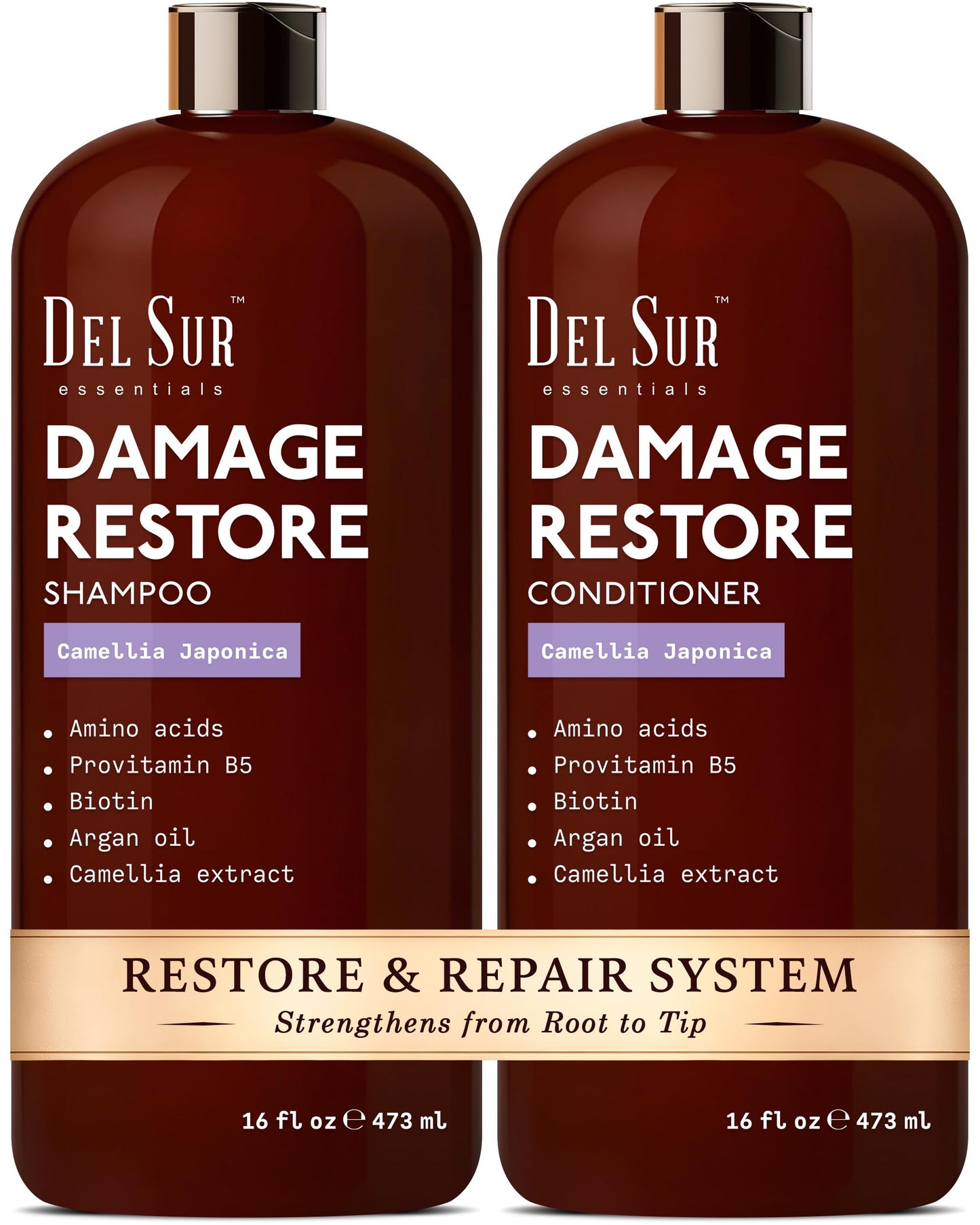 DEL SUR Hair Repair Shampoo & Conditioner Set | 16 fl oz Each | Camellia Japonica, Amino Acids, Biotin & Argan Oil