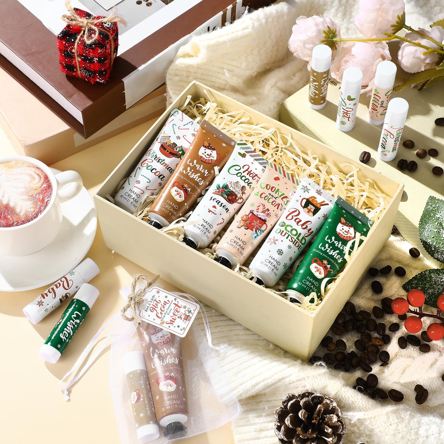 Demissle 48-Piece Christmas Hand Cream & Lip Balm Party Favors | Hot Cocoa Gifts Set