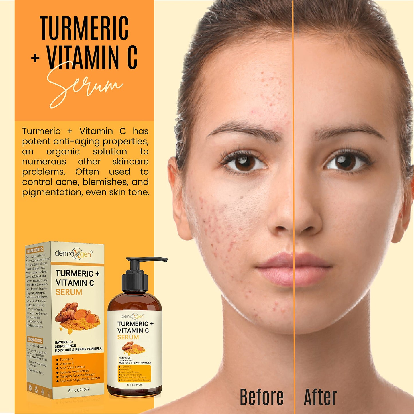 DERMAXGEN Turmeric Serum + Vitamin C for Glow & Hydration – Organic Moisturizer, 8 fl oz