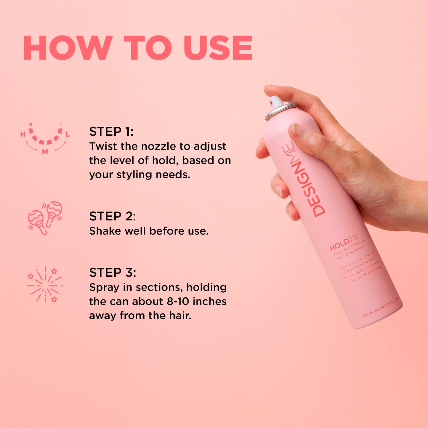 HOLD.ME Three-Way Hairspray by DESIGNME | Light, Medium & High Hold in 1 Can | 9.5 oz