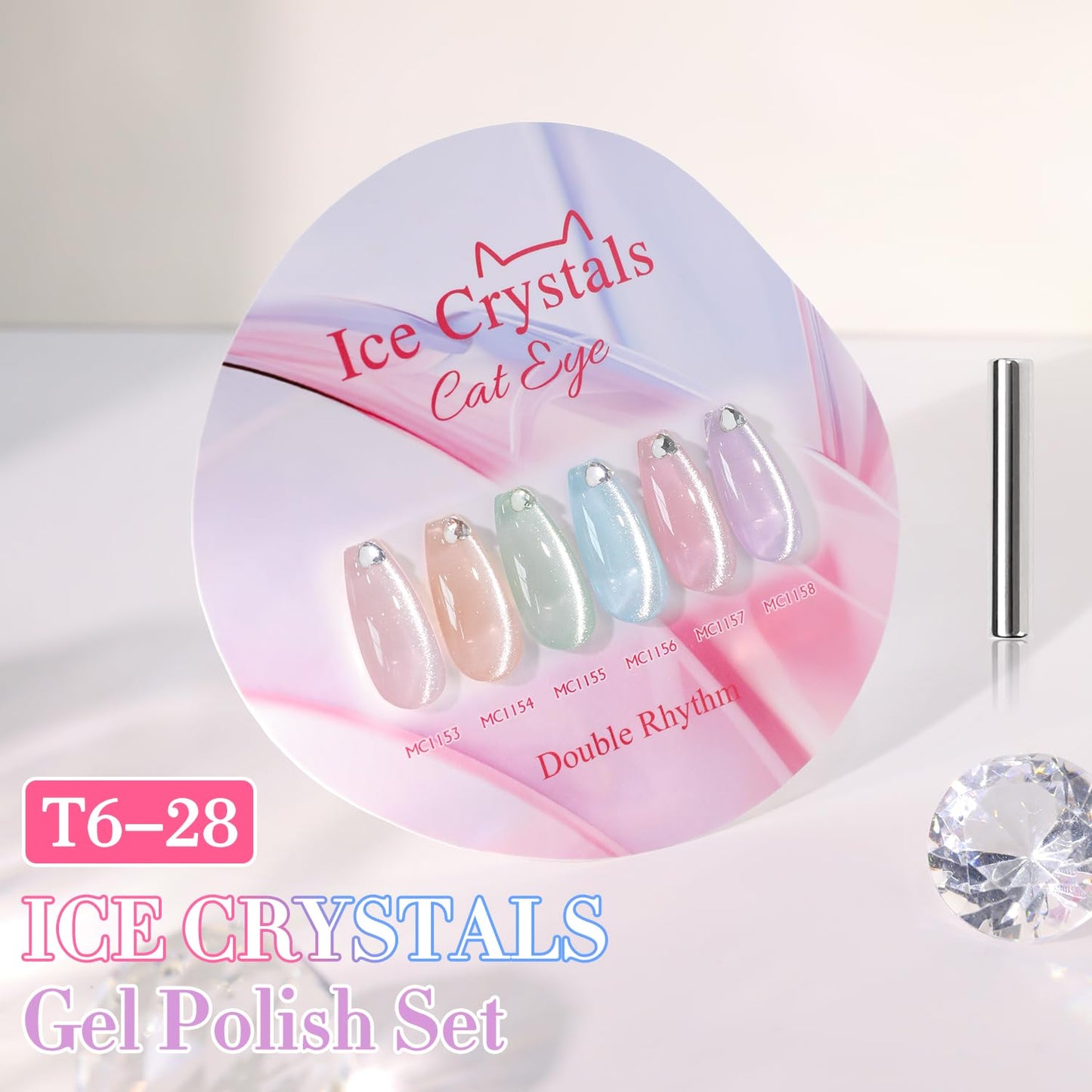 Double Rhythm Cat Eye Gel Nail Polish Set — 6 Same-Color 0.5oz Bottles, Magnetic Holographic Glitter Kit (Silver/Nude/Pink/Blue/Purple) - T6-28