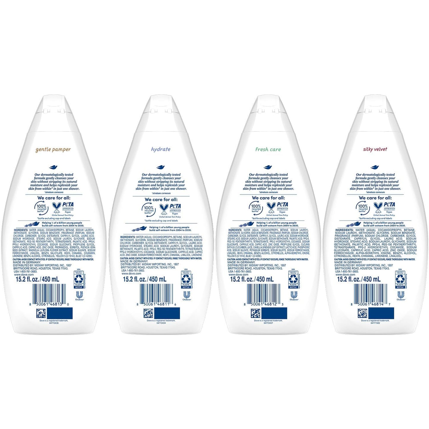 Dove Body Wash Variety 6-Pack – Hydrate, Gentle Pamper, Fresh Care & Silky Velvet 15.2 oz Each