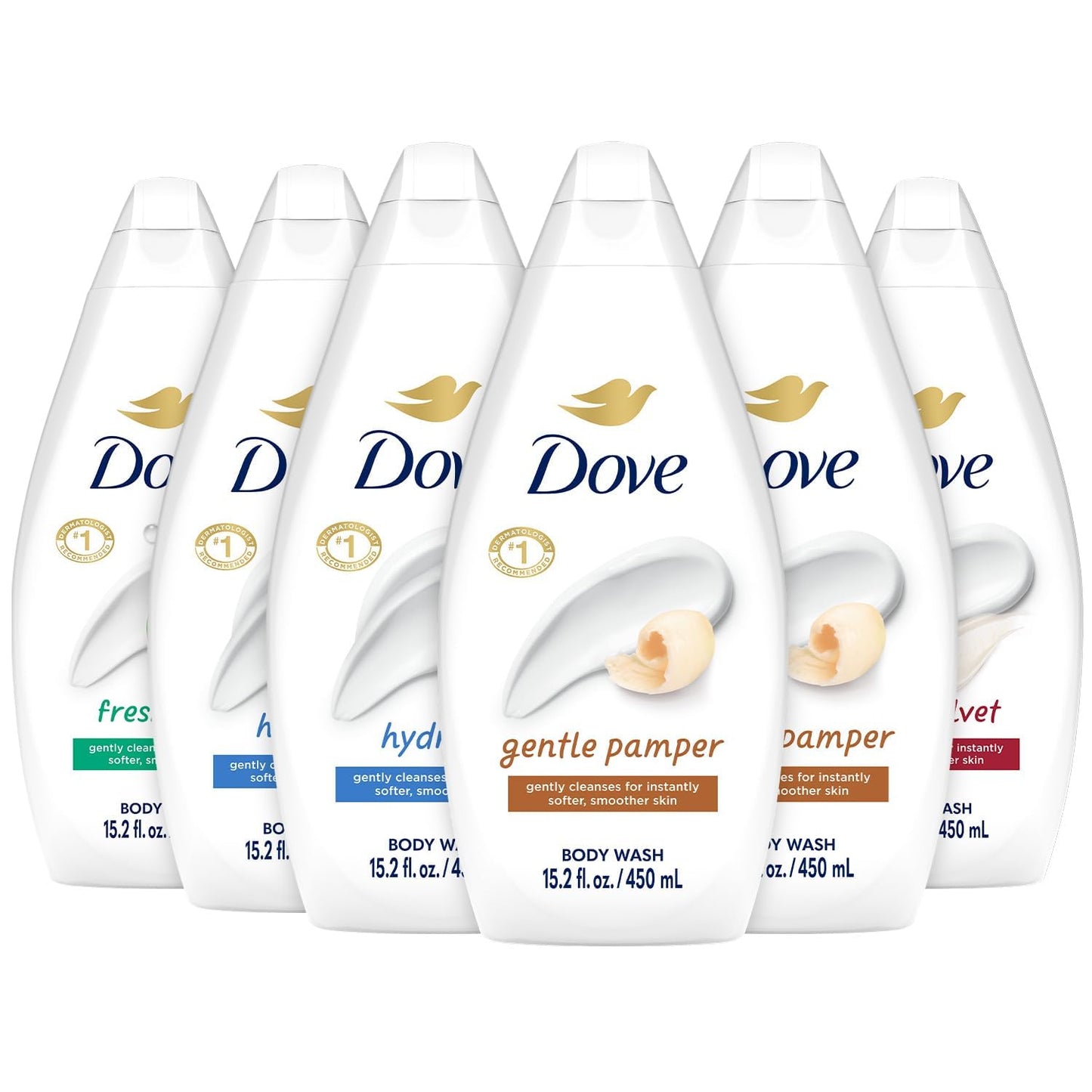 Dove Body Wash Variety 6-Pack – Hydrate, Gentle Pamper, Fresh Care & Silky Velvet 15.2 oz Each