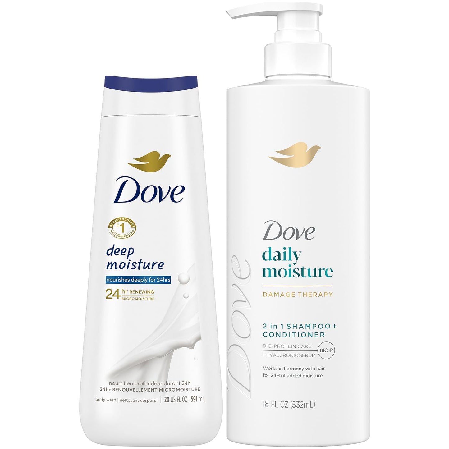 Dove 2-in-1 Shampoo & Conditioner Daily Moisture + Deep Moisture Body Wash – Hydrating Hair & Skin Set