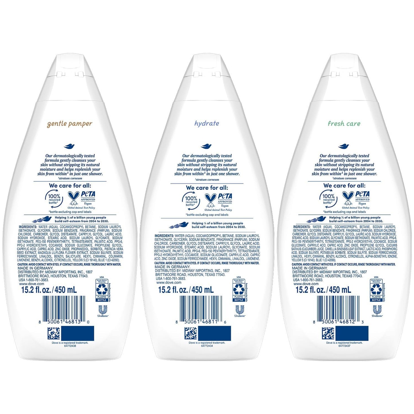 Dove Body Wash Variety 3-Pack – Hydrate, Gentle Pamper & Fresh Care (15.22 oz each)