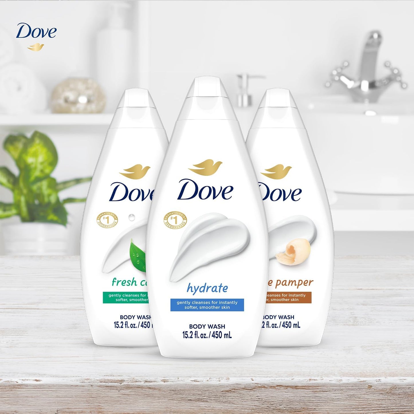 Dove Body Wash Variety 3-Pack – Hydrate, Gentle Pamper & Fresh Care (15.22 oz each)