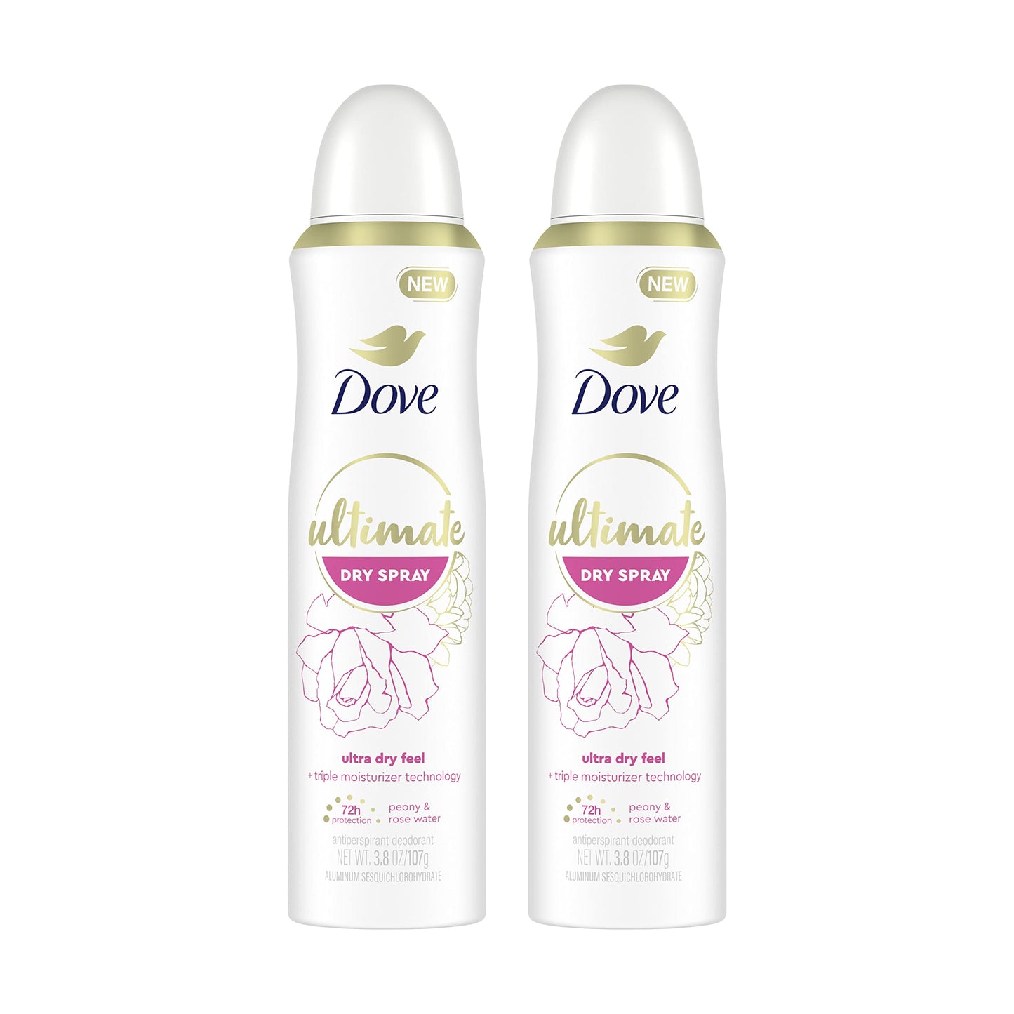 Dove Ultimate Dry Spray Peony and Rose Water – 72-Hour Protection, 3.8oz, 2 Count