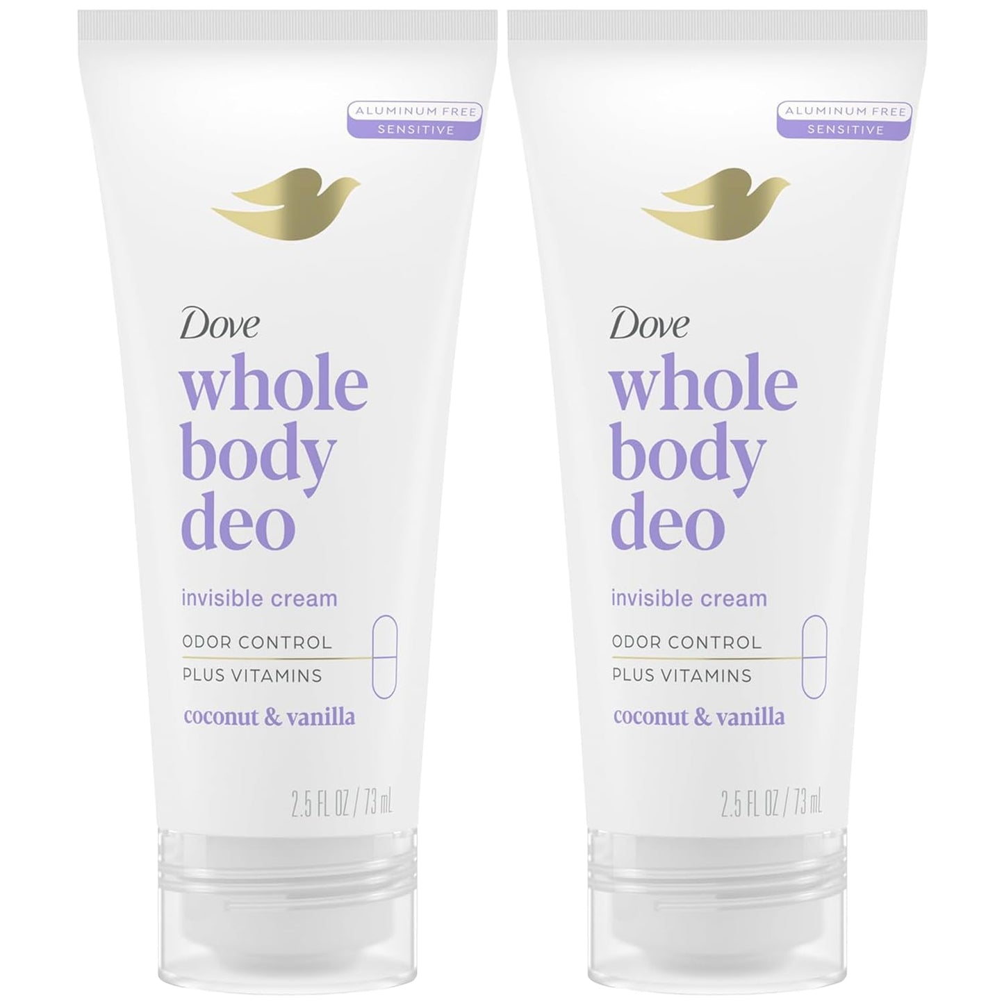 Dove Whole Body Deo Aluminum Free Invisible Cream Deodorant – Coconut & Vanilla, 72h Odor Control, Pack of 2 (2.5 oz each)