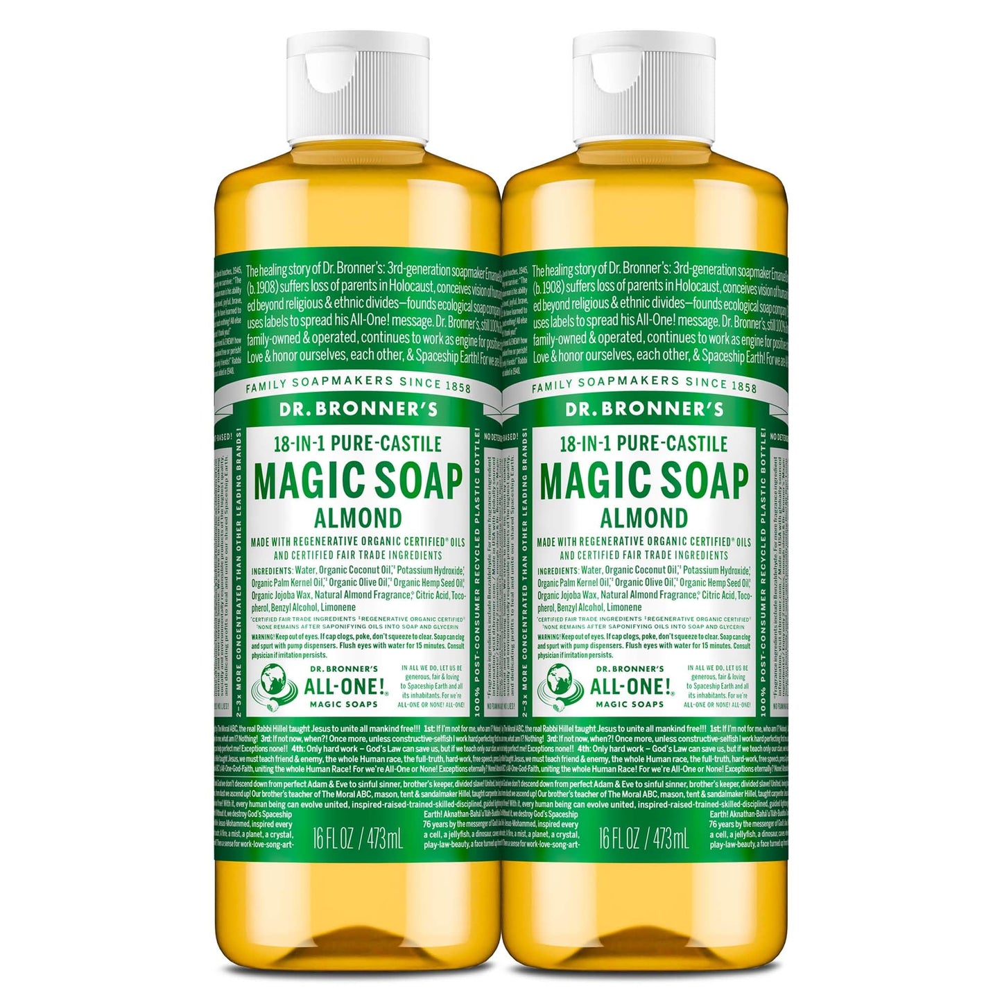 Dr. Bronner's Almond Castile Liquid Soap 16 oz (2-Pack) – 18-in-1 Uses