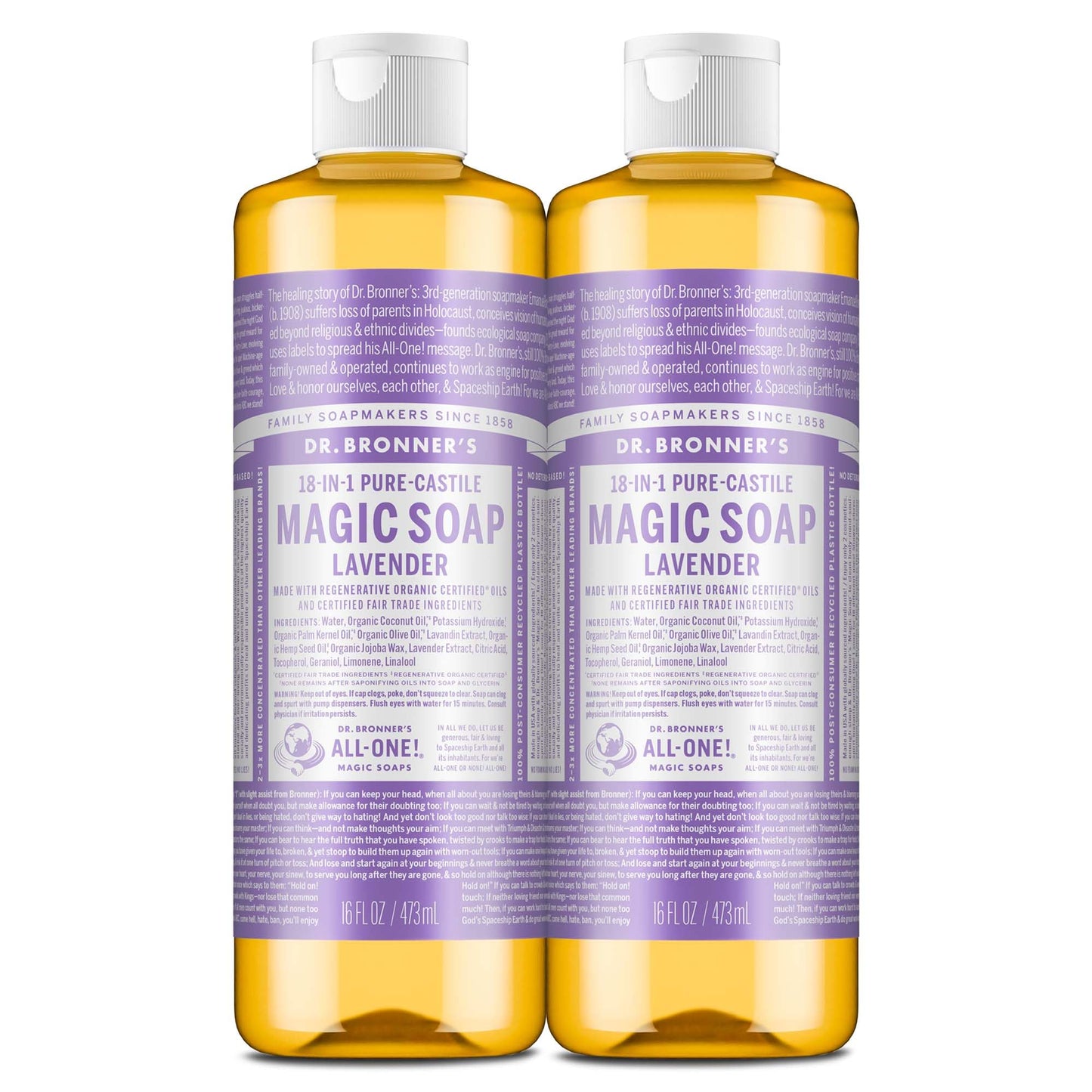 Dr. Bronner's Lavender Pure-Castile Liquid Soap (16 oz, 2-Pack) – 18-in-1 Uses, Regenerative Organic Oils, Vegan