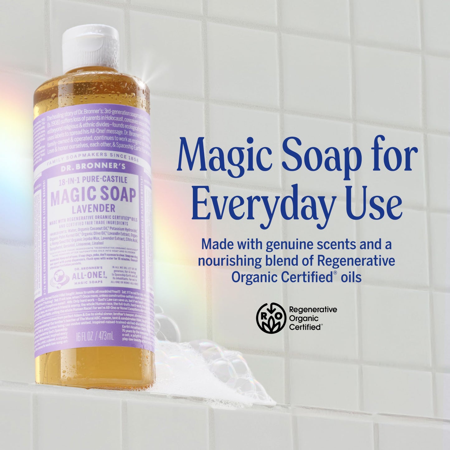 Dr. Bronner's Lavender Pure-Castile Liquid Soap (16 oz, 2-Pack) – 18-in-1 Uses, Regenerative Organic Oils, Vegan