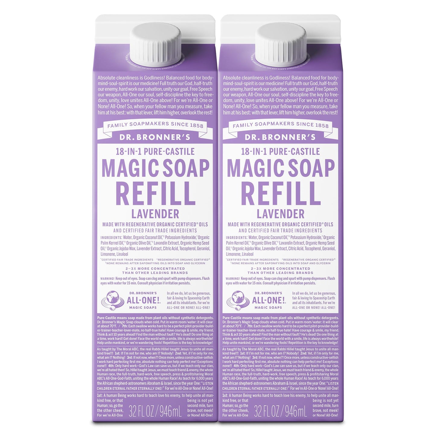Dr. Bronner's Lavender Pure-Castile Soap Refill (32 oz x 2) – Regenerative Organic Oils, Concentrated, Vegan, Non-GMO