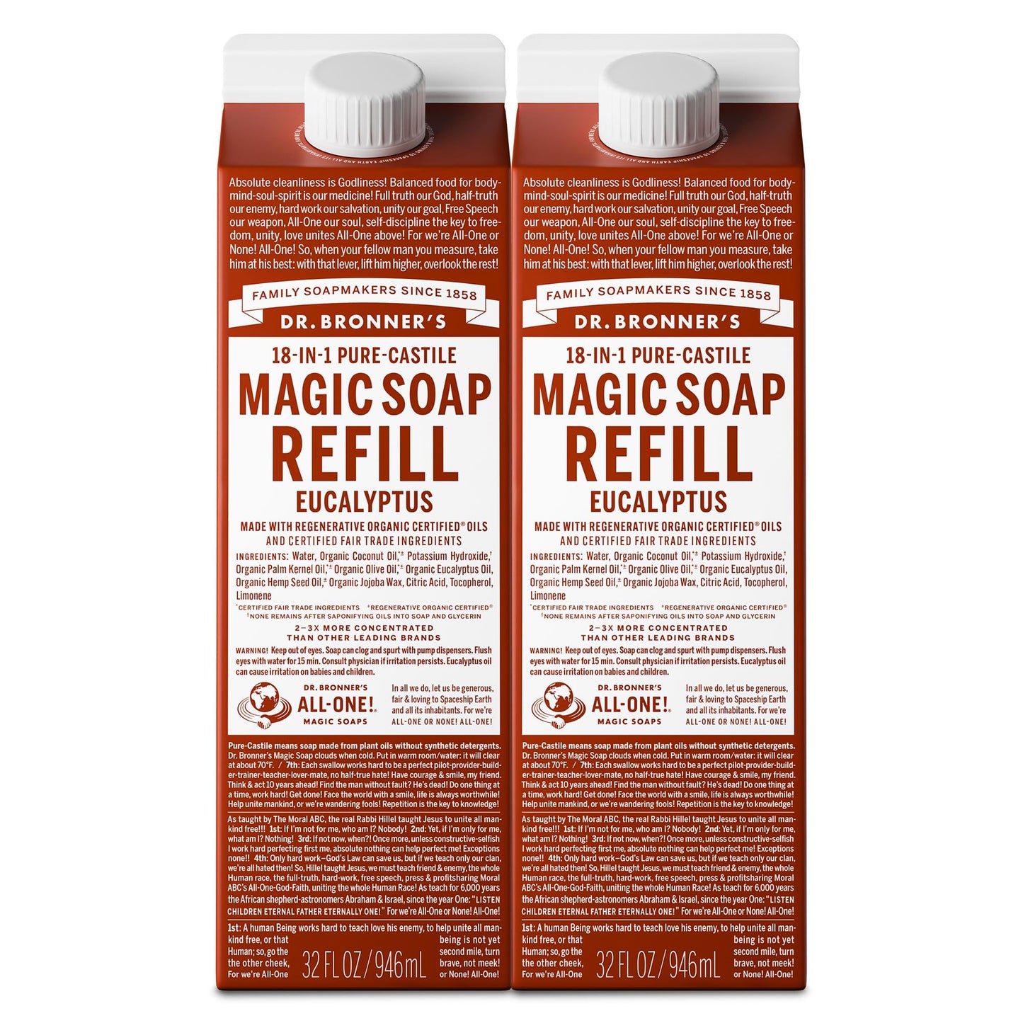Dr. Bronner's Pure-Castile Soap Refill Eucalyptus 32 oz (2-Pack) | Regenerative Organic Certified Oils, Vegan, Non-GMO