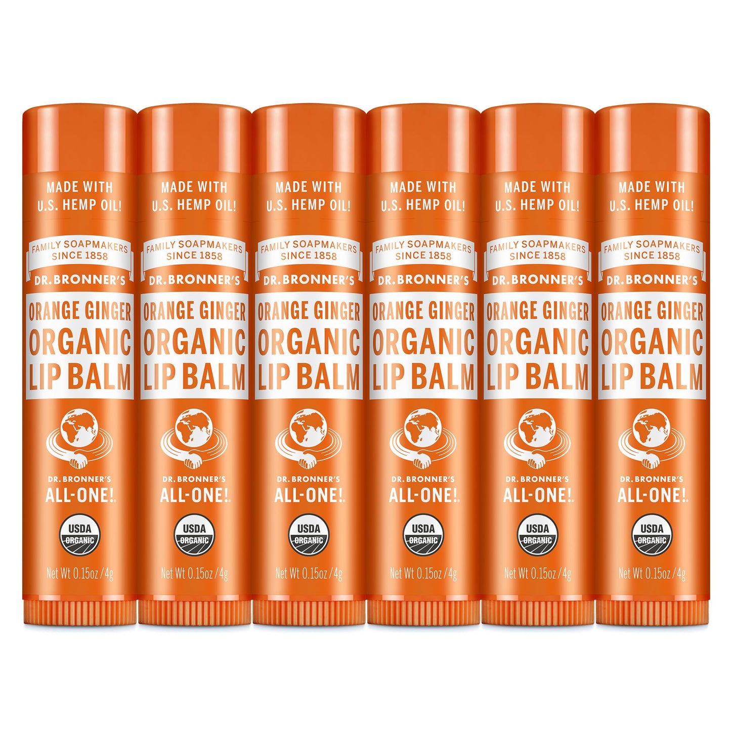 Dr. Bronner’s Organic Lip Balm 6-Pack (0.15oz) – Natural, Petroleum-Free Lip Care, Orange Ginger