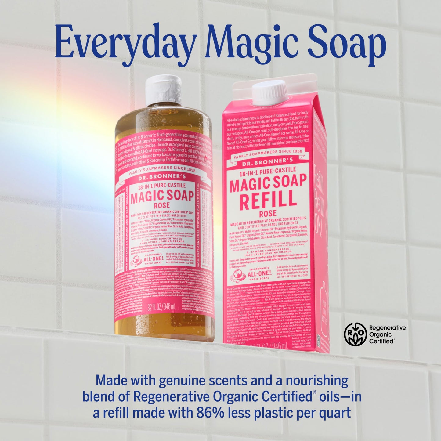 Dr. Bronner's Rose Pure-Castile Soap Liquid – Regenerative Organic Oils, 32oz + Refill