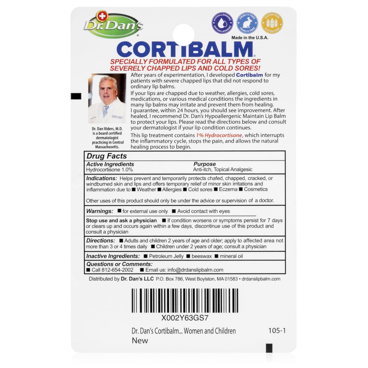 Dr. Dan's Cortibalm 4 Pack – Lip Balm for Severe Chapped Lips (1% Hydrocortisone), Gentle & Hypoallergenic