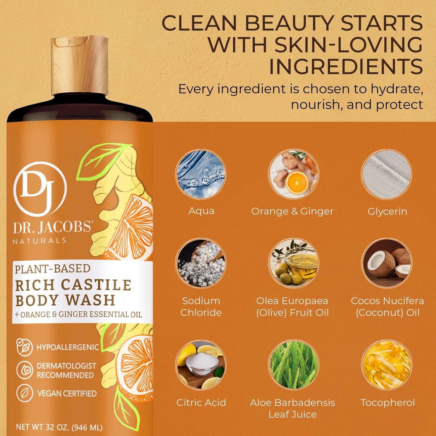 Dr. Jacobs Naturals Pure Castile Soap - Orange & Ginger Body Wash, Plant-Based, 32 oz (2-pack)