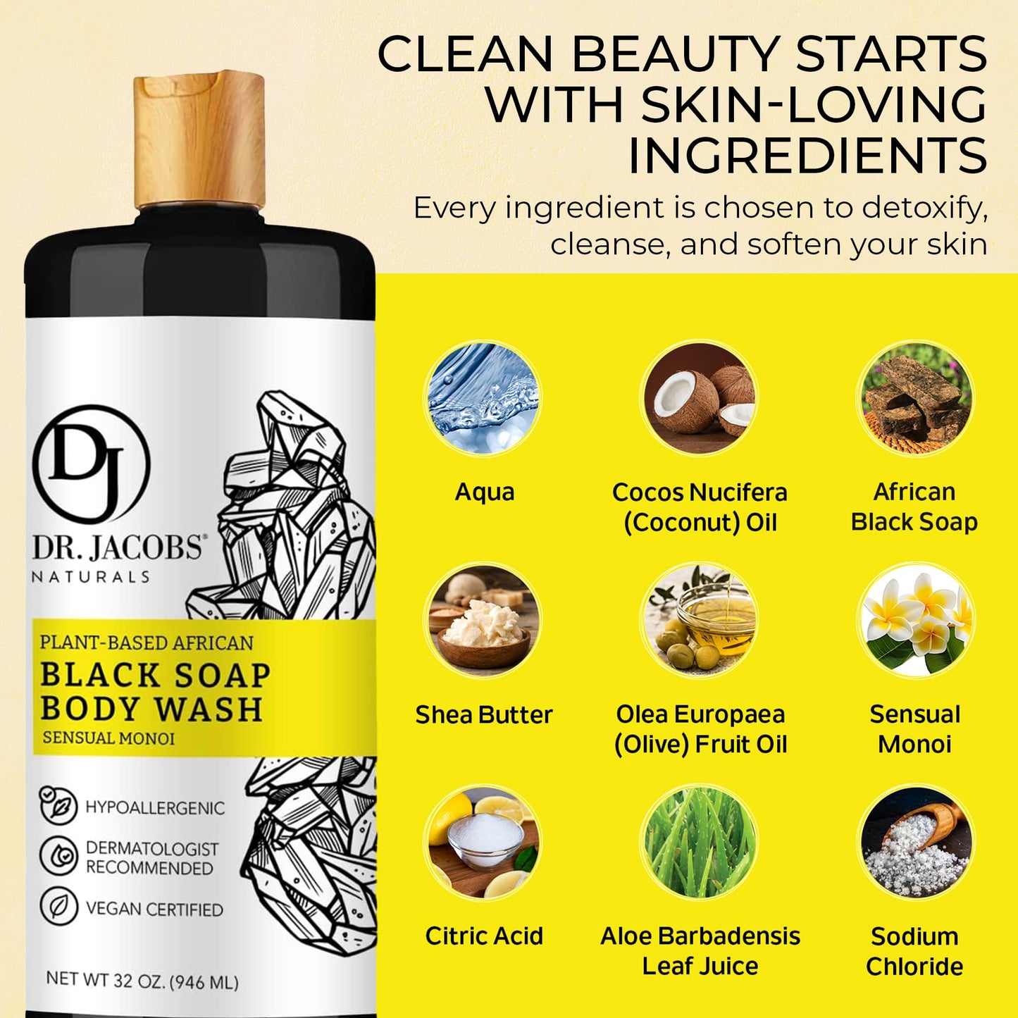 Dr Jacobs Naturals African Black Liquid Soap with Monoi Scent – All-In-One Wash (32oz 2pk)