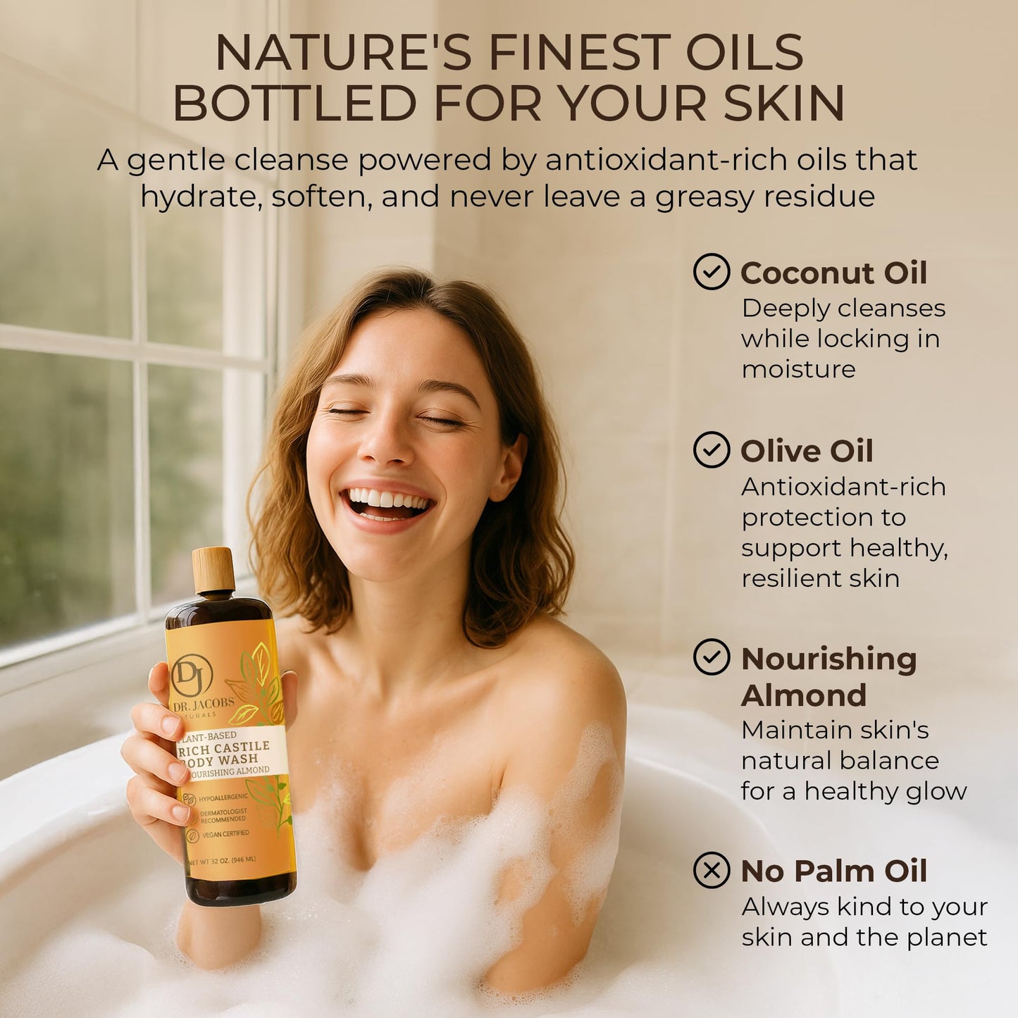 Dr. Jacobs Naturals Pure Castile Soap Almond Body Wash – Plant-Based, Aloe & Vitamin E, 32 oz (Pack of 2)