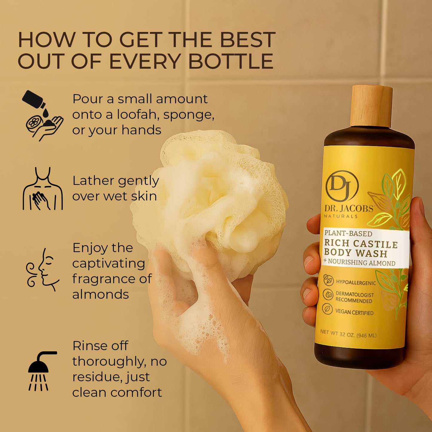Dr. Jacobs Naturals Pure Castile Soap Almond Body Wash – Plant-Based, Aloe & Vitamin E, 32 oz (Pack of 2)