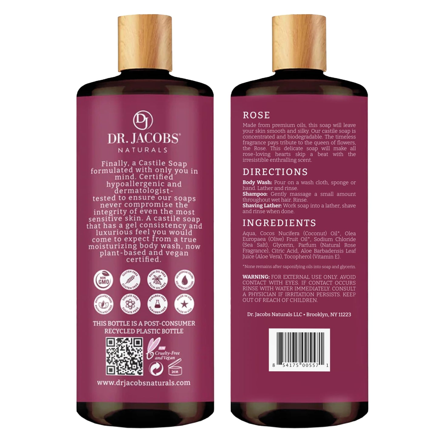 Dr. Jacobs Naturals Pure Castile Soap Rose – Plant-Based Body Wash, Vitamin E & Aloe, 32 oz x 2