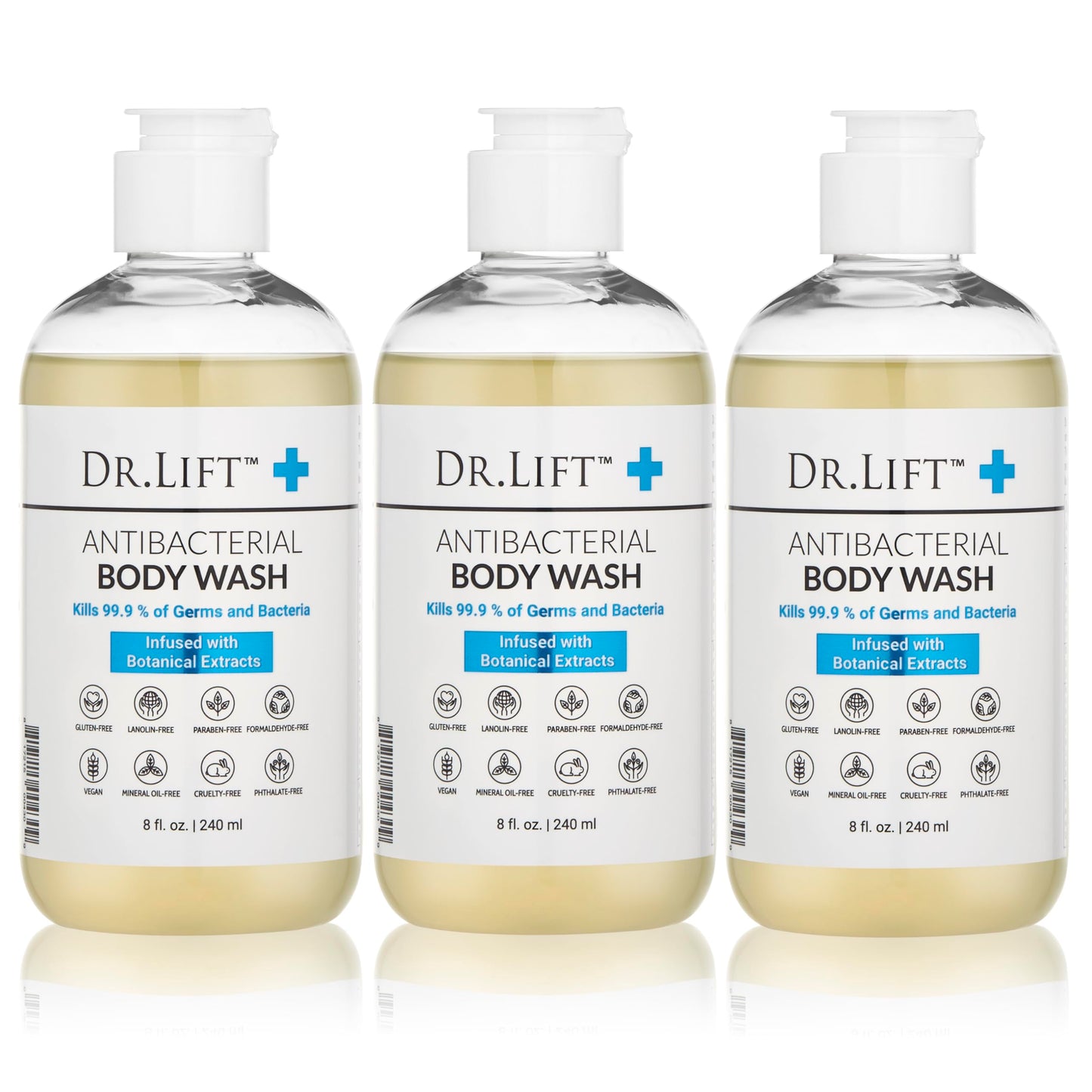 DR. LIFT Antibacterial Body Wash – 8 oz Bottle, 3-Pack – Gentle, Hydrating Shower Gel – Made in America