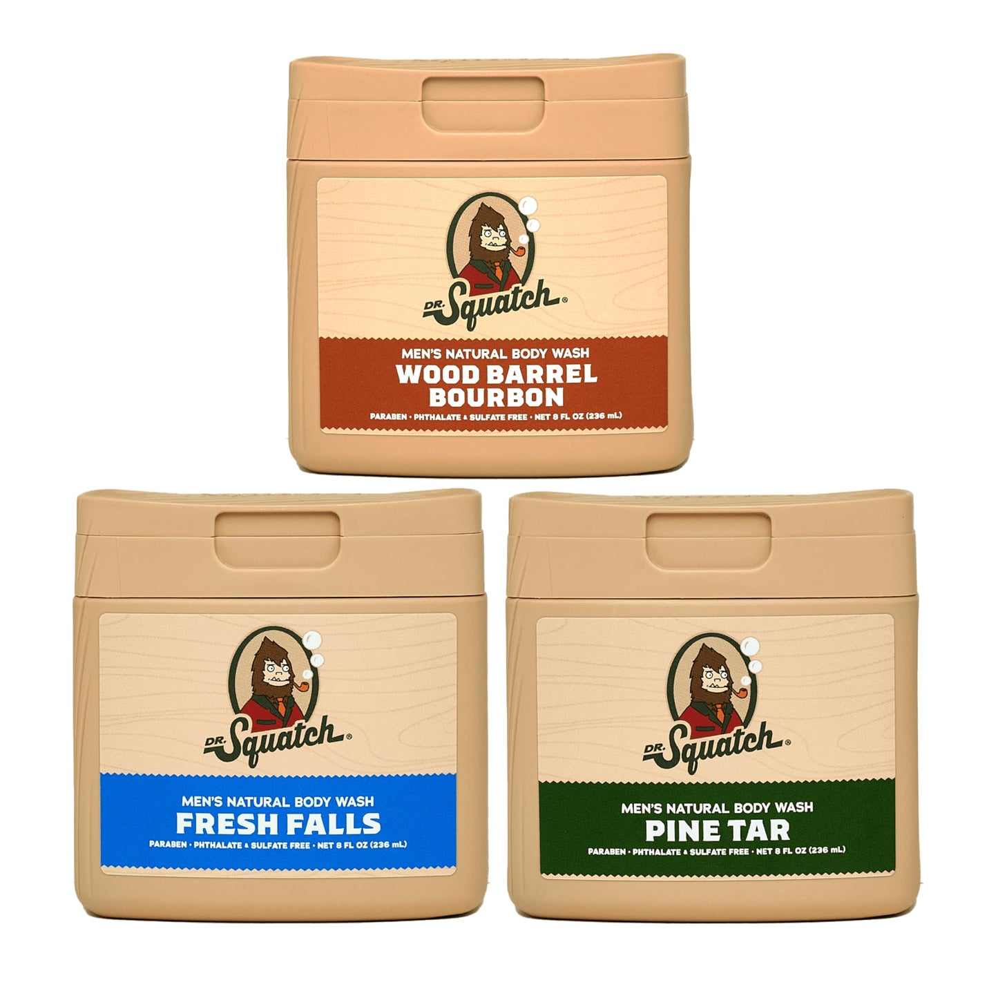 Dr. Squatch NEW Body Wash for Men – Pine Tar, Wood Barrel Bourbon & Fresh Falls (8 oz, 3-Pack)