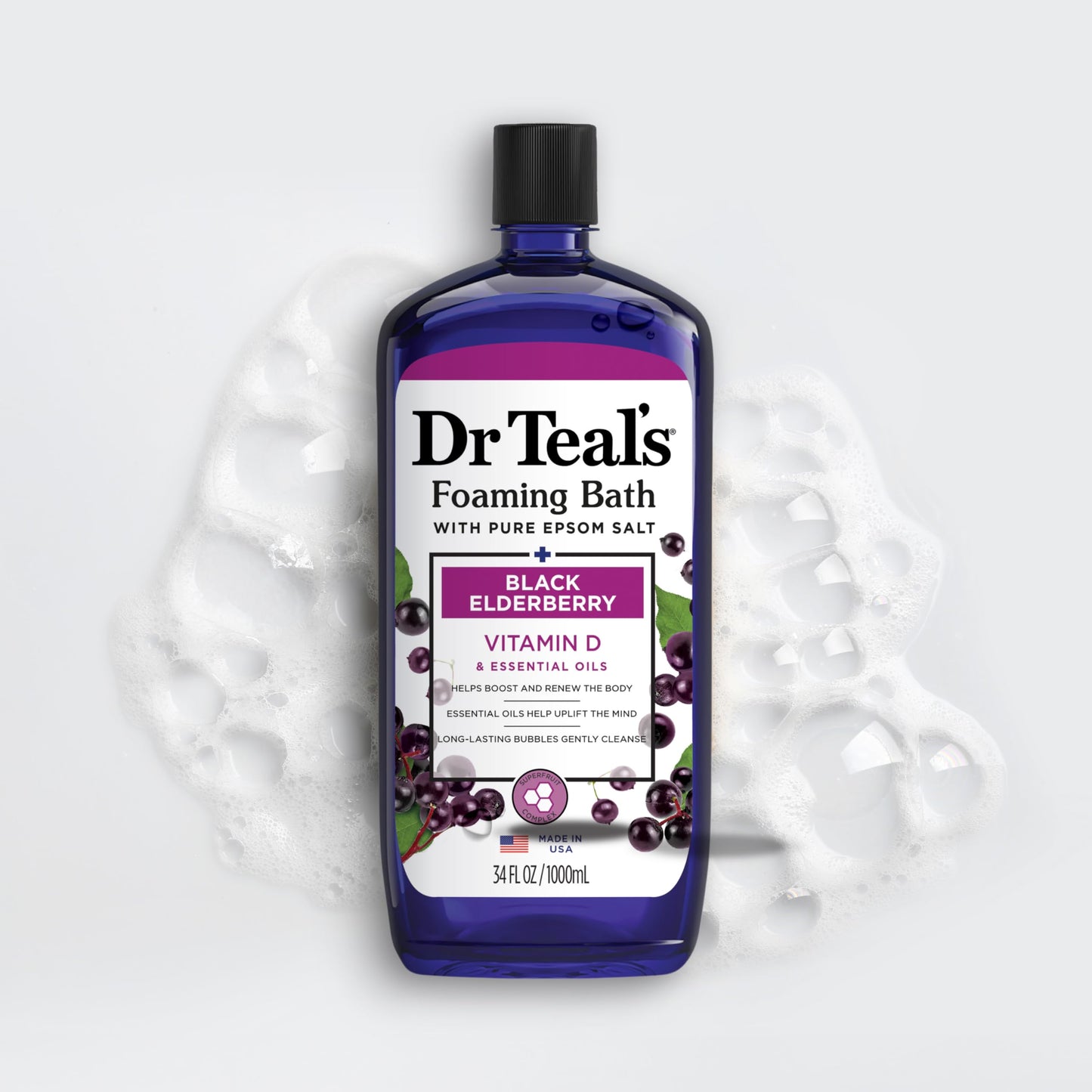 Dr Teal's Foaming Bath with Pure Epsom Salt, Black Elderberry & Vitamin D — 34 oz (Pack of 4)