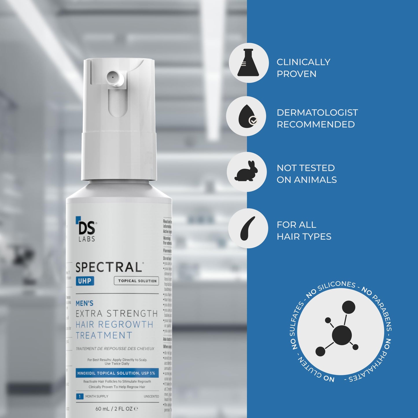 DS Laboratories Spectral.UHP 5% Minoxidil Hair Density Serum for Men – Extra Strength Crown Thinning, 60mL