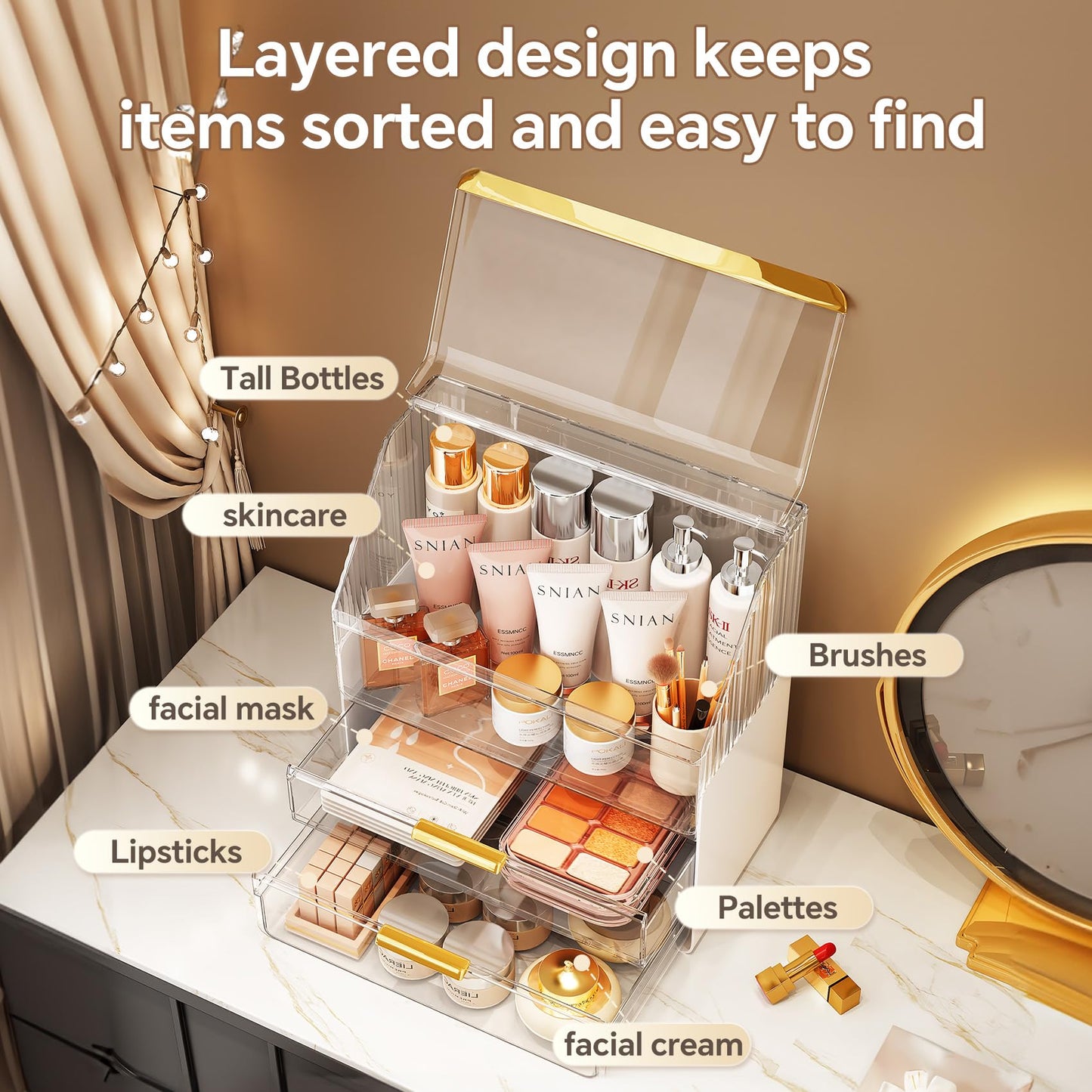 Ducoak 3-Tier Makeup Organizer with Lid – Clear Vanity Storage