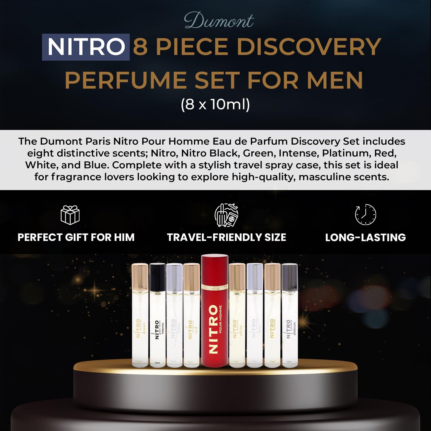 Dumont Nitro Pour Homme Perfume Discovery Set for Men – 8x0.34oz Mini Travel Sprays