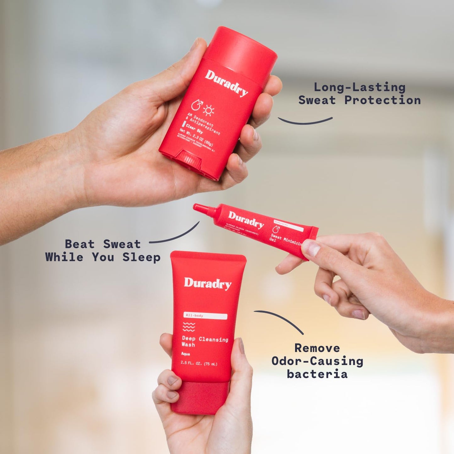 Duradry 3-Step System – Antiperspirant Stick, Sweat-Minimizing Gel, Barca Body Wash
