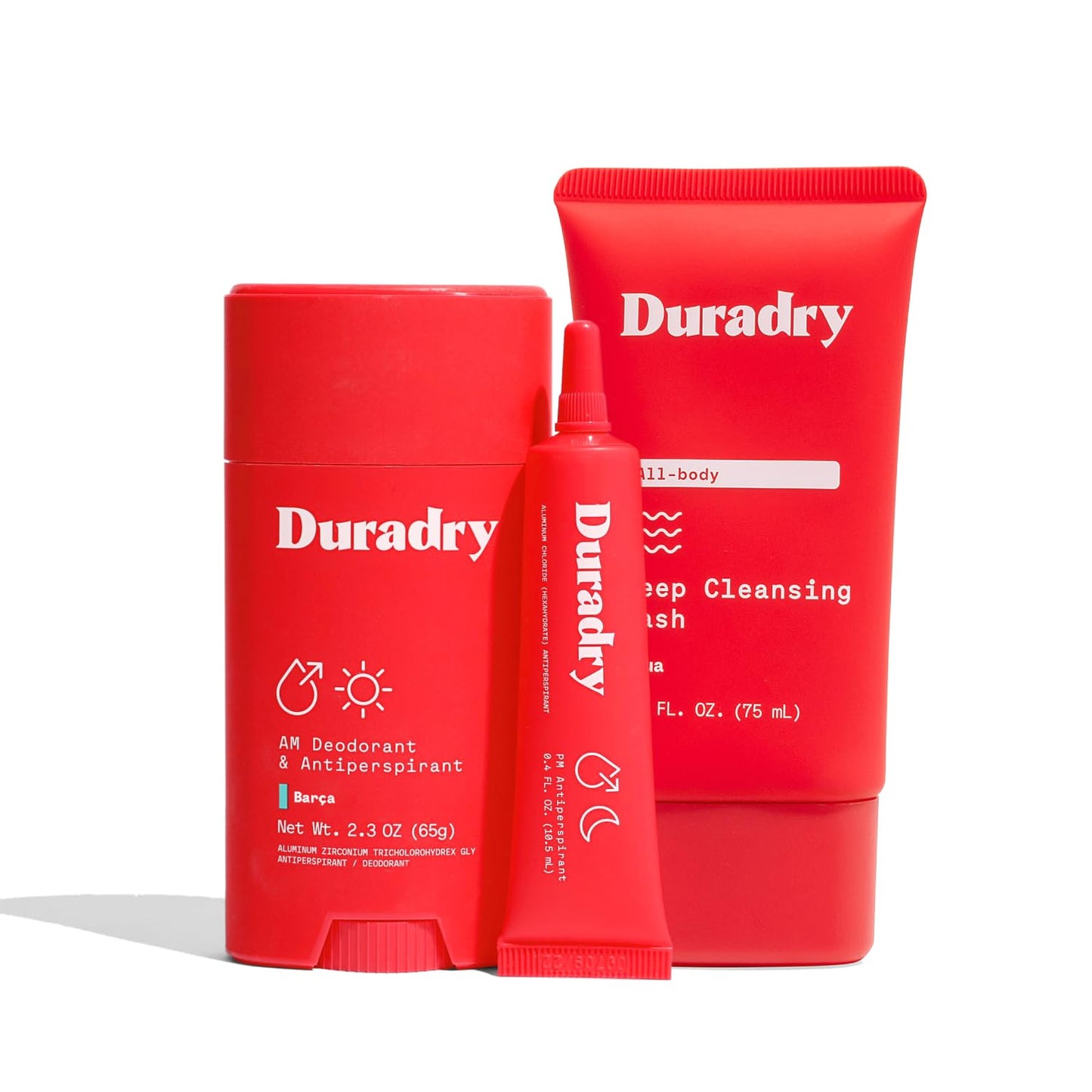 Duradry 3-Step System – Antiperspirant Stick, Sweat-Minimizing Gel, Barca Body Wash