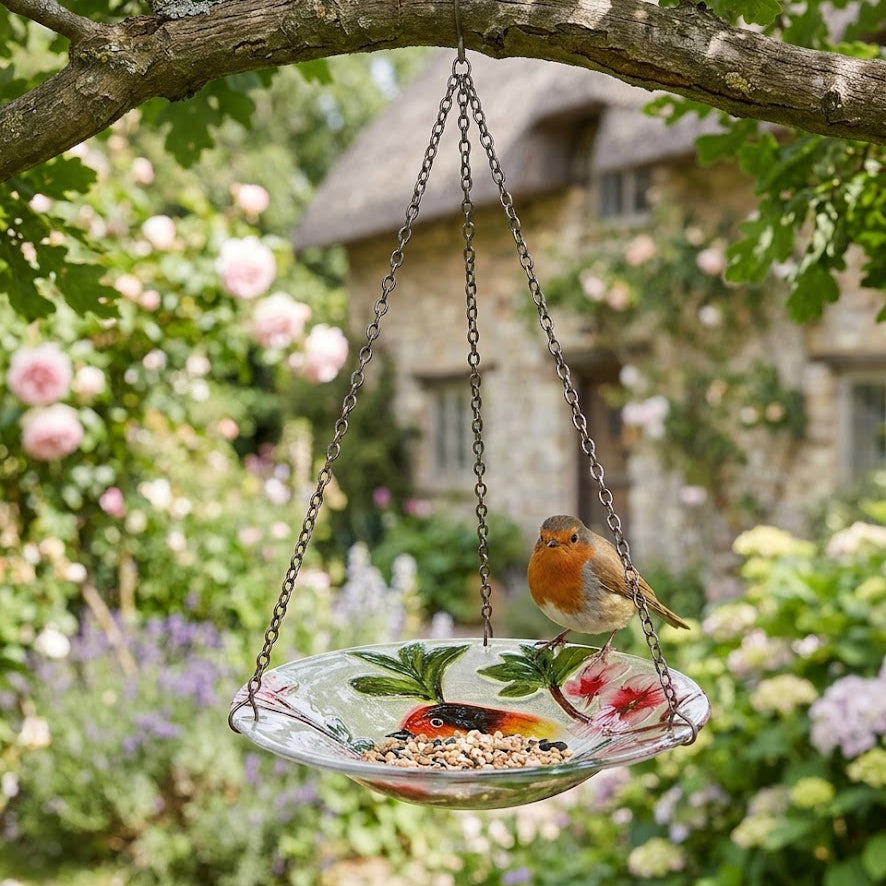 A hanging round bird feeder with a clear glass base, green leaf print, and pink floral accents, suspended from a tree branch in a garden. A small robin stands on the feeder, which contains seed, with a blurred stone house and pink flowers in the background.