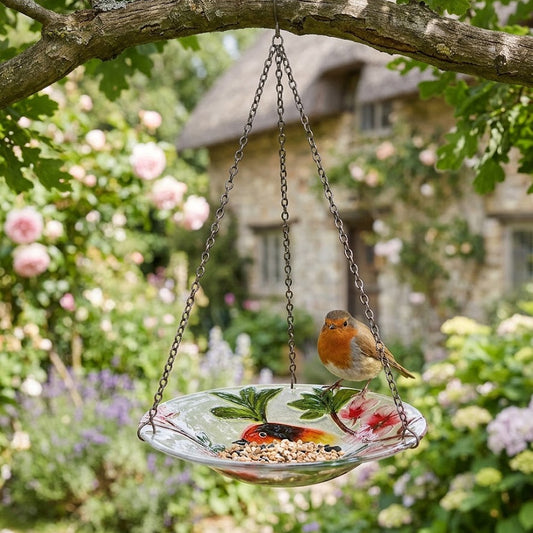 A hanging round bird feeder with a clear glass base, green leaf print, and pink floral accents, suspended from a tree branch in a garden. A small robin stands on the feeder, which contains seed, with a blurred stone house and pink flowers in the background.