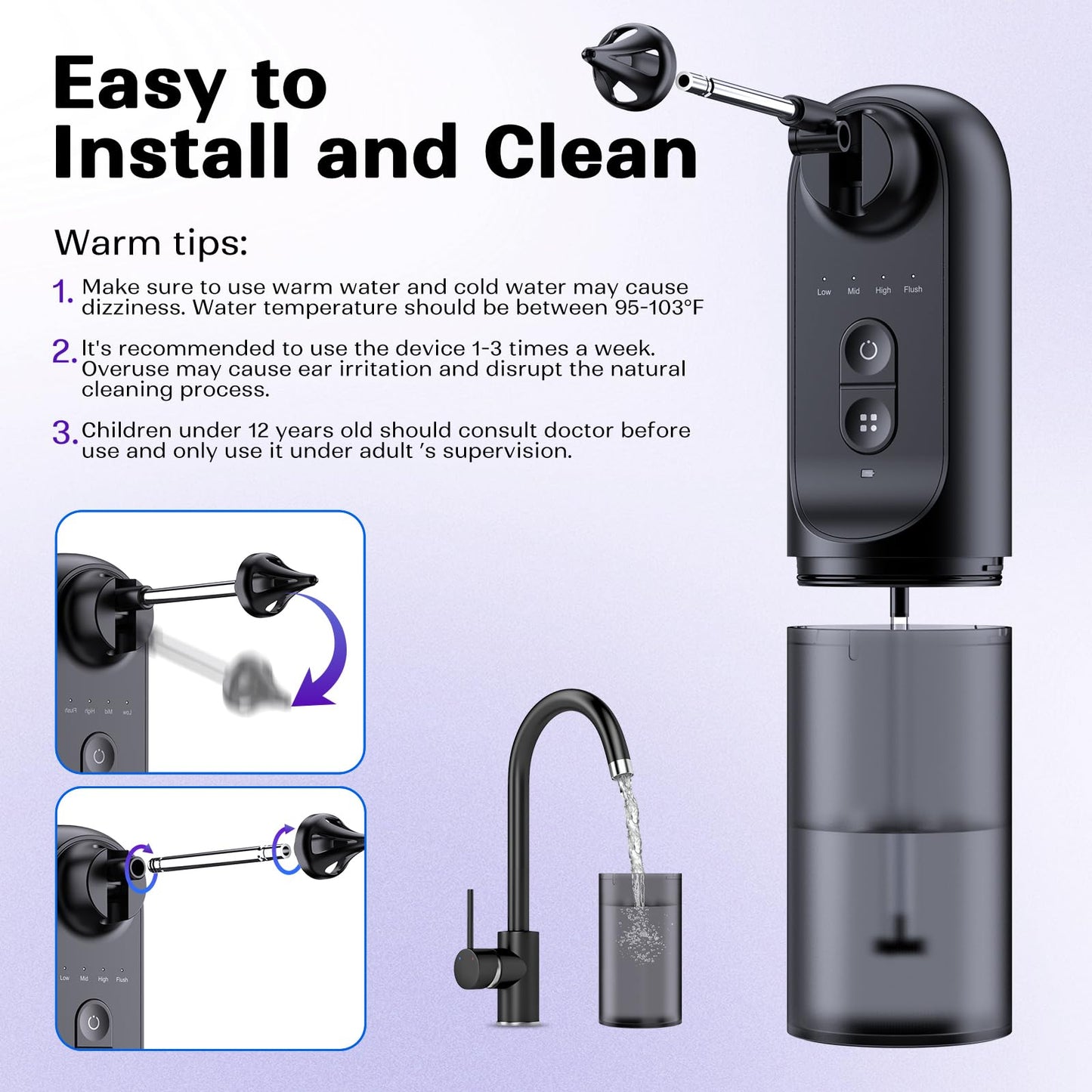 Ear Wax Removal System – 4 Pressure Settings, IPX7 Waterproof, USB Rechargeable, 6 Nozzles