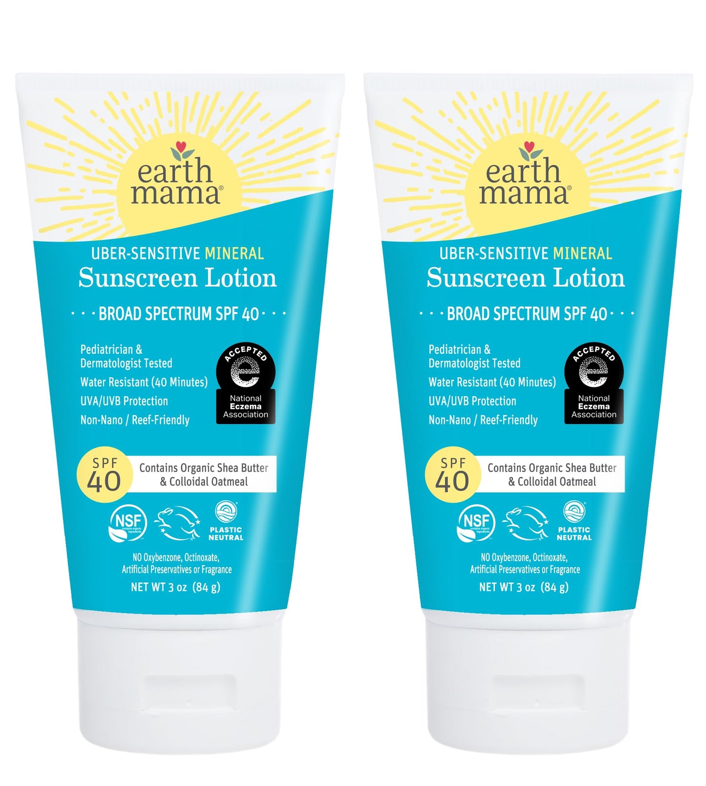 Earth Mama Uber-Sensitive Mineral Sunscreen Lotion SPF 40 | Non-Nano Zinc, Organic Oatmeal, 3oz 2-Pack