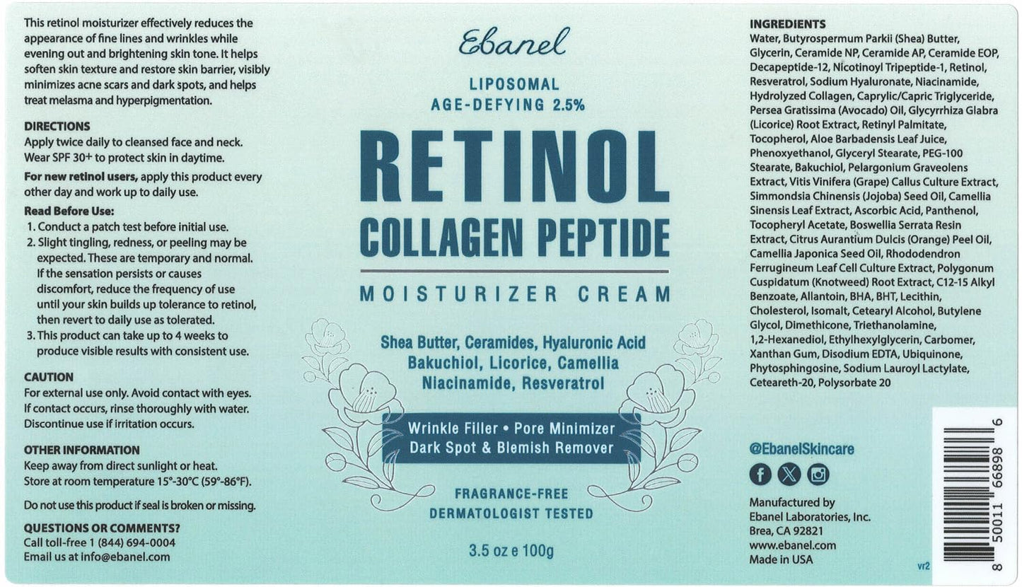 Ebanel Retinol Cream for Face – 3.5 oz with Collagen, Peptides, Ceramides, Hyaluronic Acid