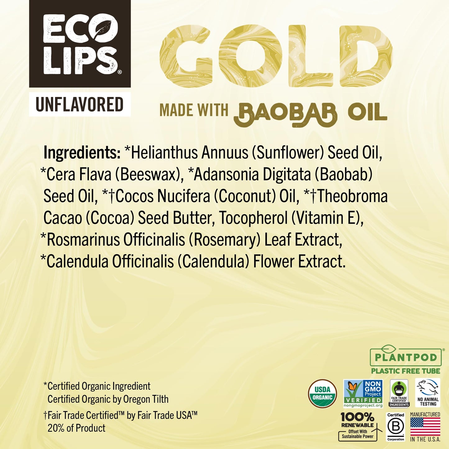 Eco Lips GOLD Organic Lip Balm with Baobab Oil – 6-Pack | USDA Organic, Plastic-Free Packaging | Made in USA